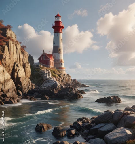 A colorful lighthouse standing tall on rocky coastline, lighthouse, fish