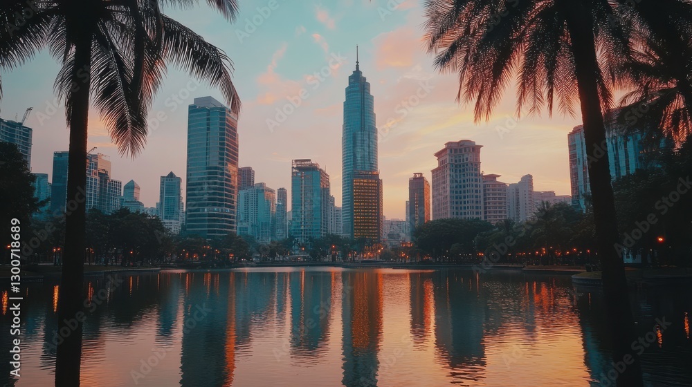 Obraz premium Urban Reflections at Golden Hour with Soft Colors