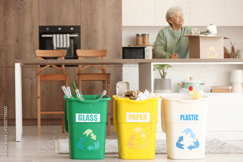 Garbage bins in kitchen. Wa...