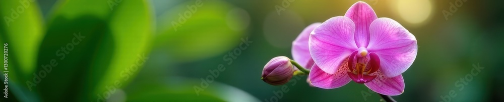 Fototapeta premium Delicate pink orchid, vibrant petals, lush green leaves, spring, wildlife, design