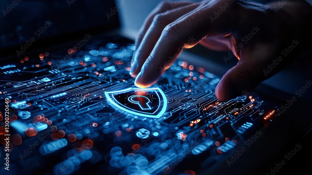 Naklejka premium modern cybersecurity concept featuring hand interacting with digital shield symbolizing protection and security