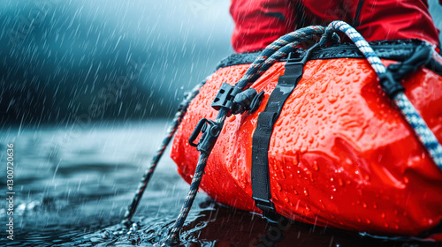 Close up of waterproof rescue bag in rain, showcasing vibrant red color and texture