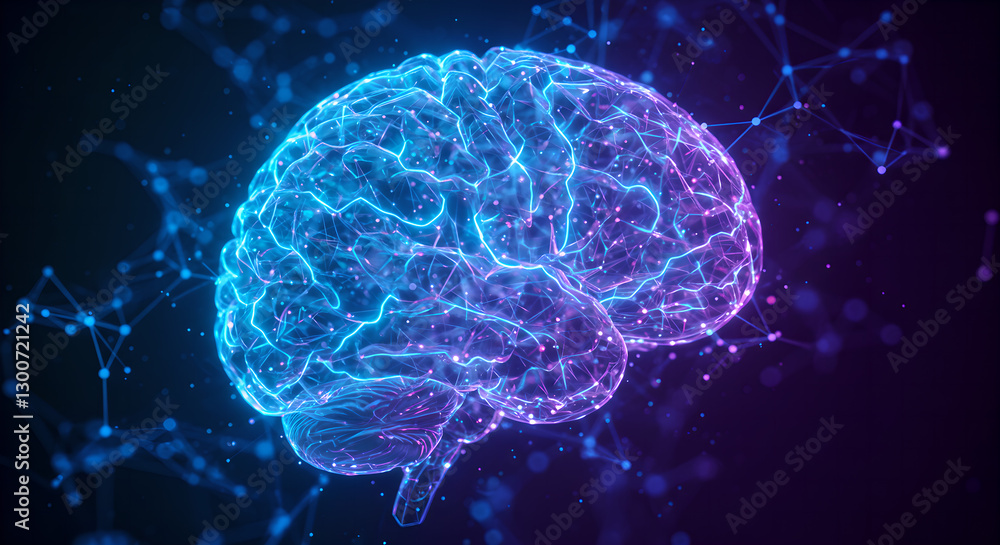 Glowing blue digital brain with neural connections on dark purple background. Artificial intelligence and machine learning concept for medical, technology and science designs Glowing blue digital brain with neural connections on dark purple background. Artificial intelligence and machine learning concept for medical, technology and science designs