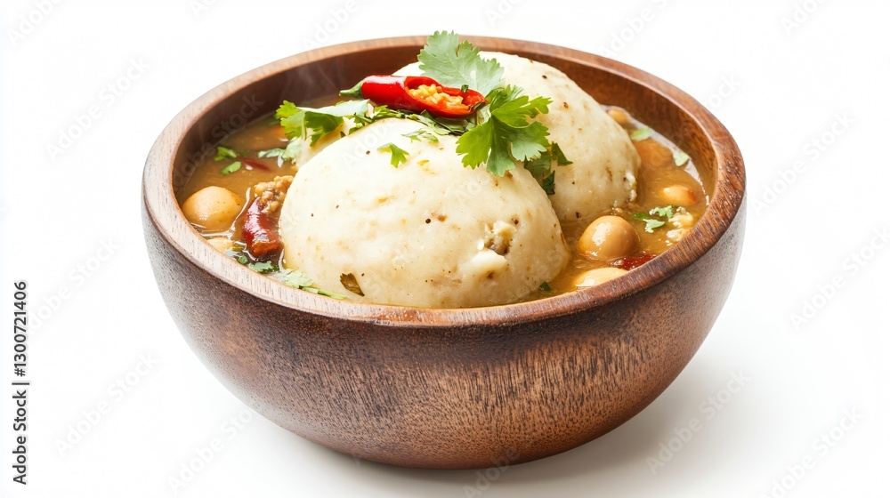 A gourmet-style African fufu dish served in a hand-carved wooden bowl, accompanied by steaming peanut soup, garnished with fresh cilantro and red chili slices, isolated on a clean white background A gourmet-style African fufu dish served in a hand-carved wooden bowl, accompanied by steaming peanut soup, garnished with fresh cilantro and red chili slices, isolated on a clean white background