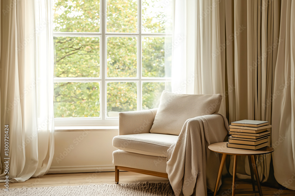 Fototapeta premium minimalist interior with a beige armchair and wooden side table with stacked books by a large window. cozy reading nook