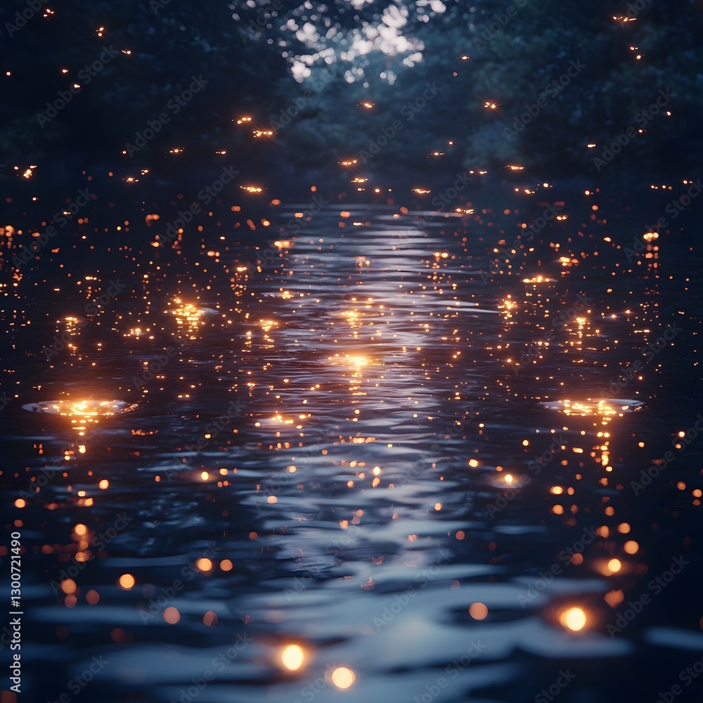Fototapeta premium Glowing Fireflies Mirrored on a Serene Lake in the Tranquil Darkness