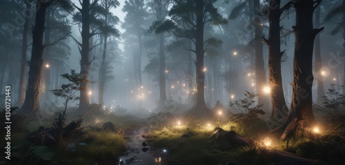 A mystical aura envelops a mist-shrouded forest with glowing orbs and shimmering lights,  light,  mystical