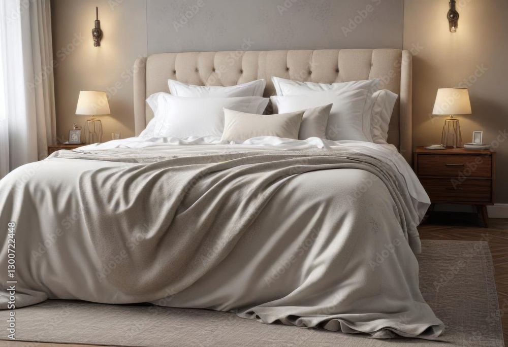 Blanket draped elegantly over plush king size bed, home, cozy throw Blanket draped elegantly over plush king size bed, home, cozy throw