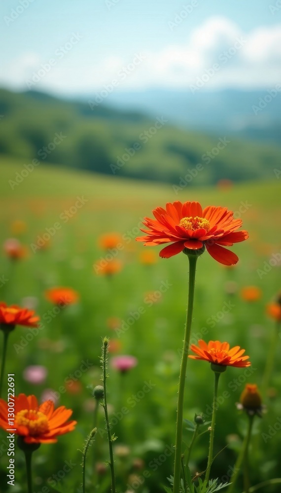 Lone tanacetum coccineum against vast green expanse , still life, leaf Lone tanacetum coccineum against vast green expanse , still life, leaf