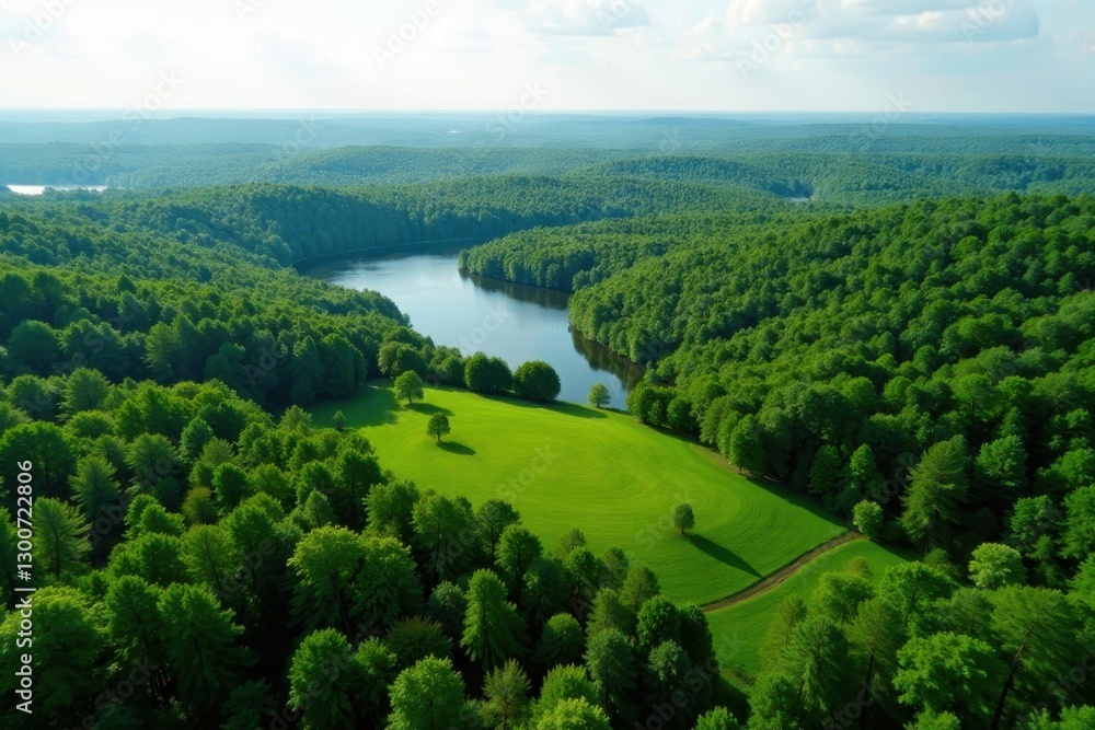 Obraz premium Lush green Minnesota landscape, aerial view Rolling hills, forests, lakes , vacation, vegetation, green