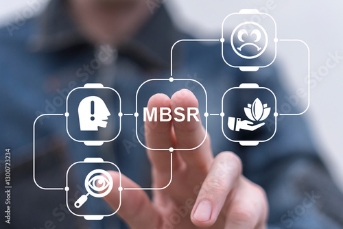 Person using virtual touch screen push button with abbreviation: MBSR. MBSR Mindfulness Based Stress Reduction Social Concept. Stress Management and Mental Health.