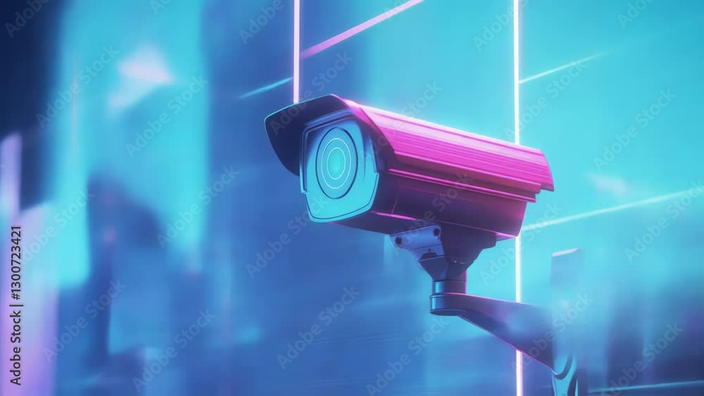 Futuristic neon lines illuminate a security camera, actively monitoring a vibrant cityscape, enhancing urban safety and surveillance in a technologically advanced environment