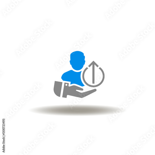 Vector illustration of hand hold person and arrow up. Icon of professional growth, training, achievement, improvement. Symbol of soft skills.
