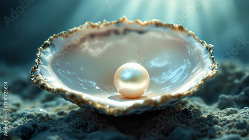 Lustrous Pearl Resting in Oyster Shell on Serene Underwater Ocean Floor
