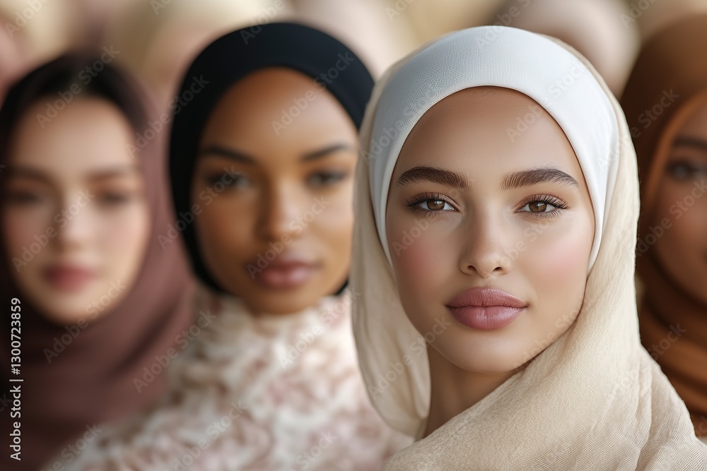Diverse group of women wearing hijabs in a well-lit setting showcasing unity and cultural pride Diverse group of women wearing hijabs in a well-lit setting showcasing unity and cultural pride