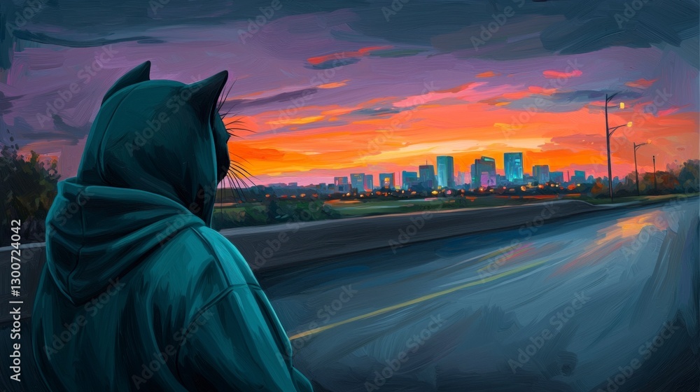 Fototapeta premium Cat in Hoodie Contemplates Sunset Cityscape