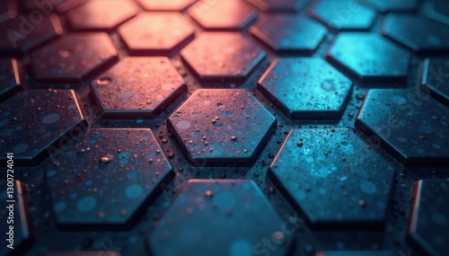 Close-up of a hexagonal metal surface reflecting bright softbox lights with subtle ambient glow, texture, industrial
