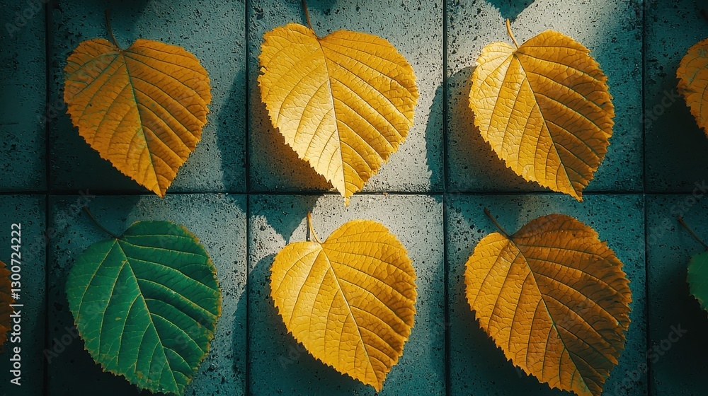 Obraz premium Autumn Leaves on Tiles a Natural and Seasonal Aesthetic with Texture