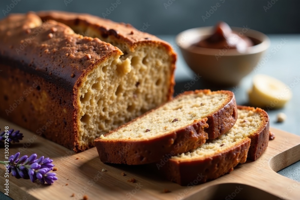 Sliced banana bread, chocolate, hazelnut spread, lavender, grey backdrop, grey, top view Sliced banana bread, chocolate, hazelnut spread, lavender, grey backdrop, grey, top view