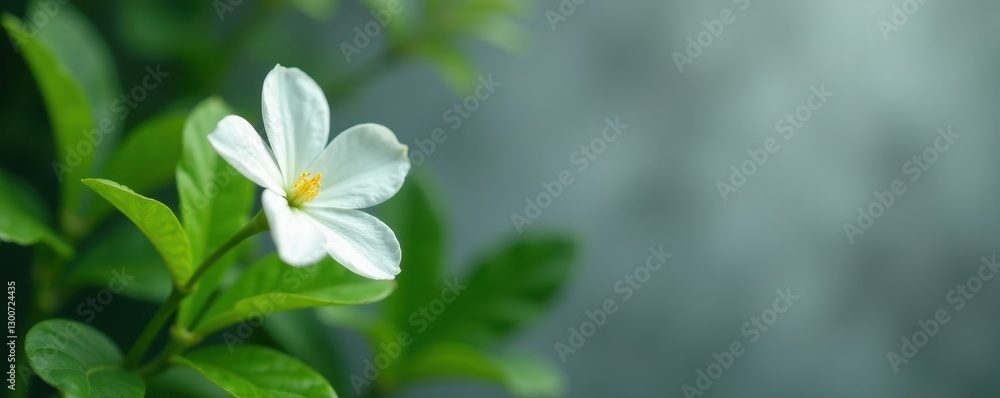 Solitary white blossom, vibrant green foliage, muted gray backdrop, botanical, blossom, still life
