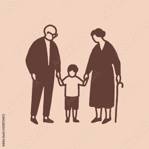 Grandparents holding hands with grandson, line art icon, monochrome