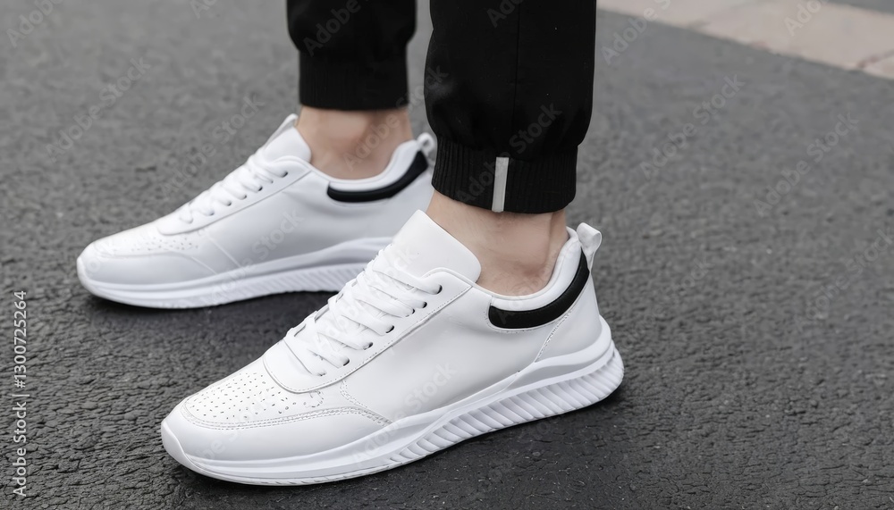 Close-up of white athletic shoes worn by a person in black pants, showcasing style in sports and casual wear. Close-up of white athletic shoes worn by a person in black pants, showcasing style in sports and casual wear.