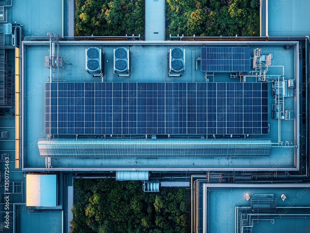 Obraz premium Aerial View of Rooftop Solar Panels on Urban Buildings: Harnessing Green Energy and Photovoltaic Power for Environmental Sustainability in Modern Architecture