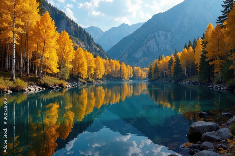 Obraz premium Vibrant aspen trees reflected in calm Fish Lake , utah, Utah, trees