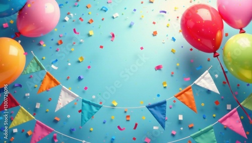 Colorful flags waving in the air, surrounded by confetti and balloons , Victory, Colorful