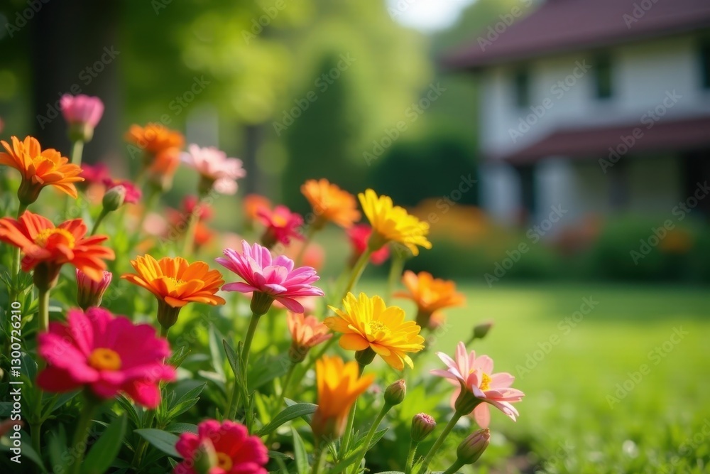 Fototapeta premium Vibrant home flowers bloom in a lush garden bed, house backdrop , vibrant, peaceful, residence