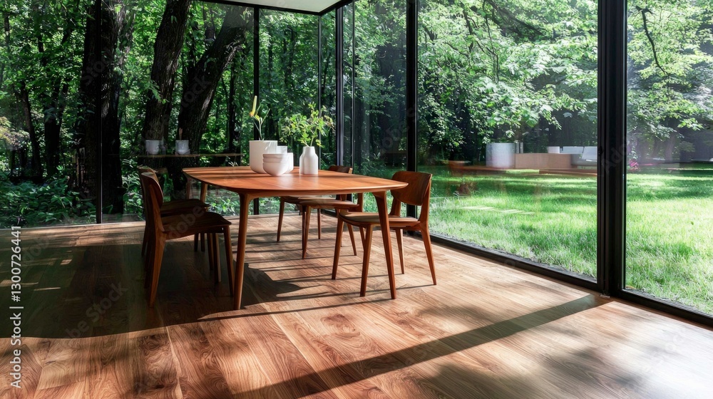 Modern Minimalist Dining Room Wood Table Green View Modern Minimalist Dining Room Wood Table Green View
