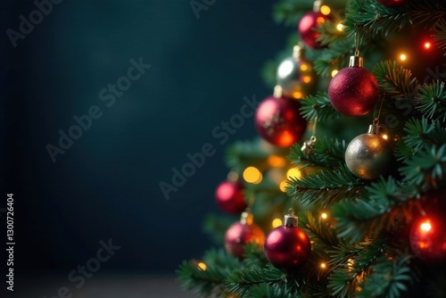 Colorful ornaments and lights adorn a beautifully decorated Christmas tree against a dark background, fir branches, red berries