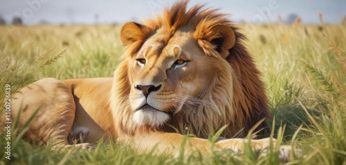 Colorful watercolor lion sleeping on savannah grass,  savannah grass,  sleeping lion,  African wildlife