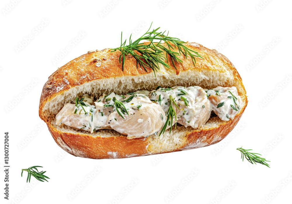 Creamy chicken sandwich with fresh herbs served in artisan bread ideal for lunch or a casual meal, cut out
