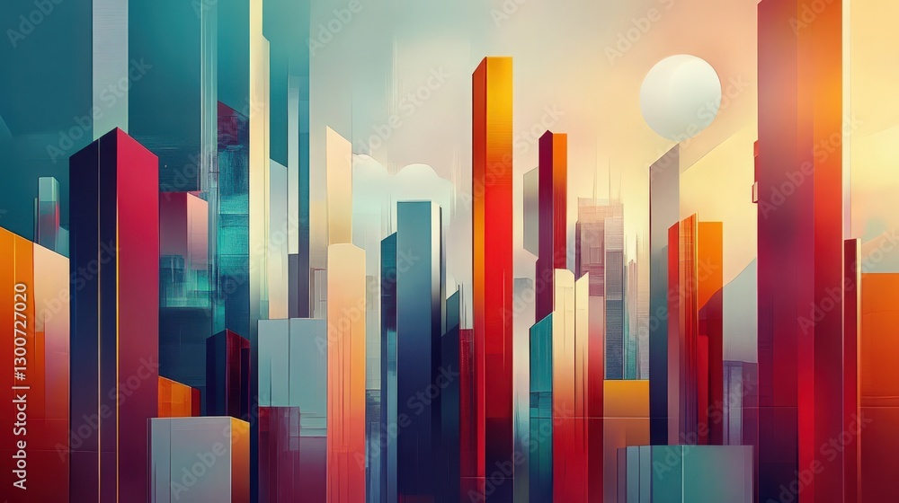 Obraz premium Abstract Cityscape Painting with Vibrant Colors and Geometric Forms Artwork