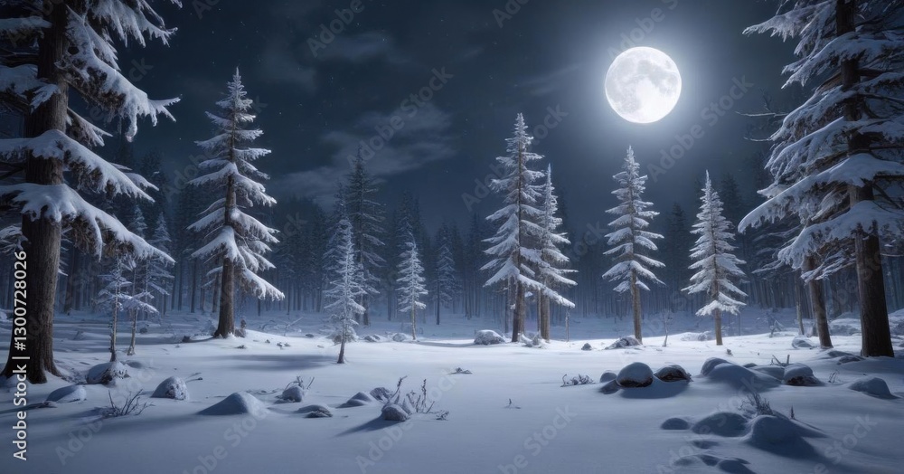 Naklejka premium Cozy winter forest with snow-covered trees and a bright full moon in the background, snow, forest, nature