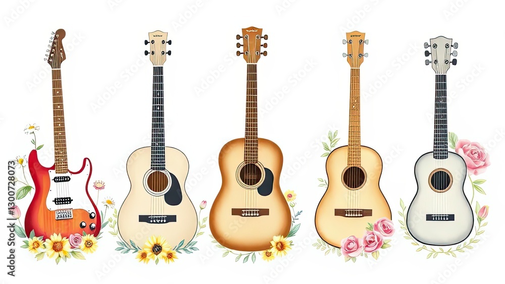 Obraz premium Acoustic Electric Guitars with Flowers Musical Instruments Summer Vibes