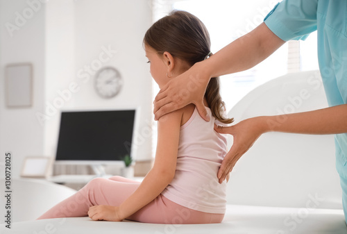 Female osteopath working with little patient in clinic, back view