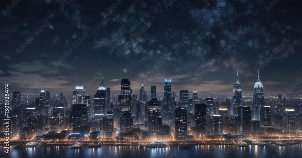 Dark blue night sky with glittering bokeh and sparkling stars above a cityscape, dark blue, glitter, stars Dark blue night sky with glittering bokeh and sparkling stars above a cityscape, dark blue, glitter, stars