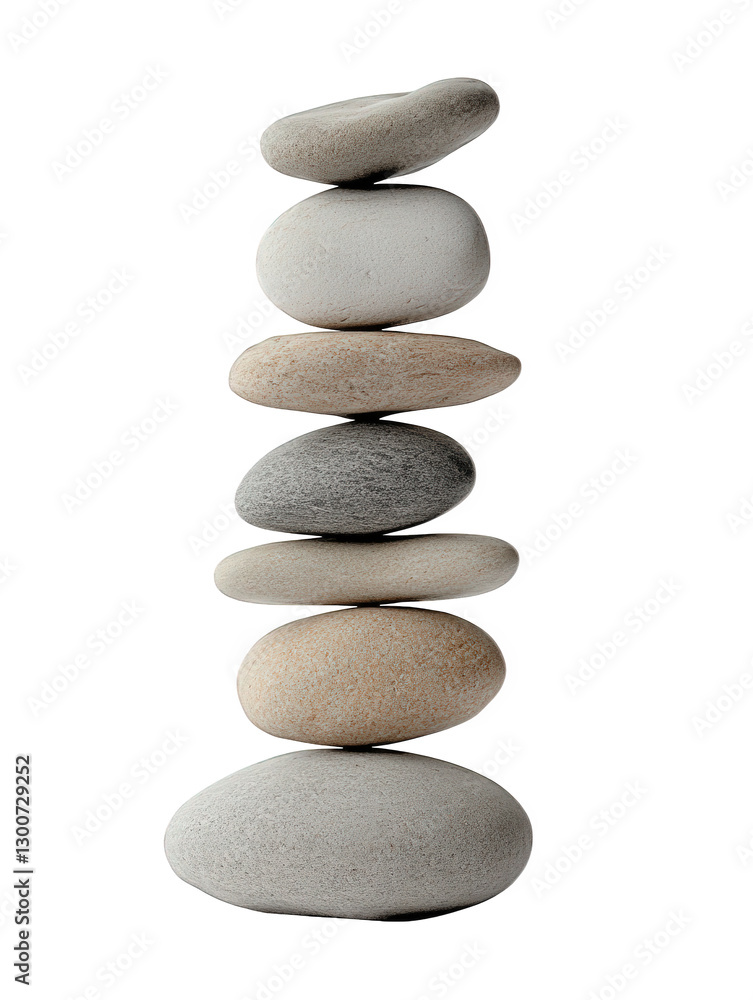 carefully balanced stack of smooth. rounded stones in varying shades of gray and beige. arranged vertically against a plain white background this composition emphasizes harmony. balance. and tranquili carefully balanced stack of smooth. rounded stones in varying shades of gray and beige. arranged vertically against a plain white background this composition emphasizes harmony. balance. and tranquili