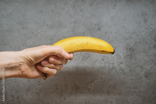 Canvas Print Hand Holding Banana Like a Gun Against Concrete Wall