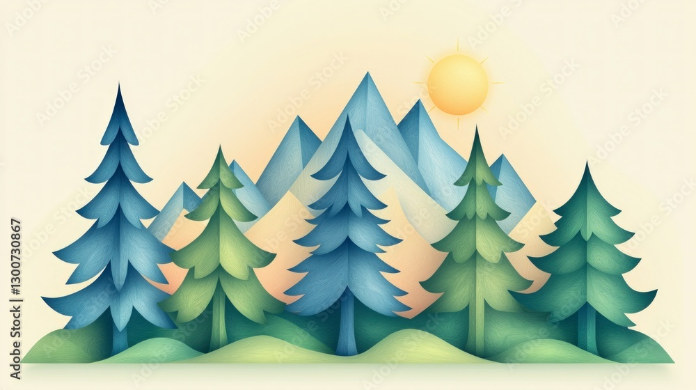 Obraz premium Majestic Mountain Landscape Sunlit Peaks Evergreen Forest Nature Illustration