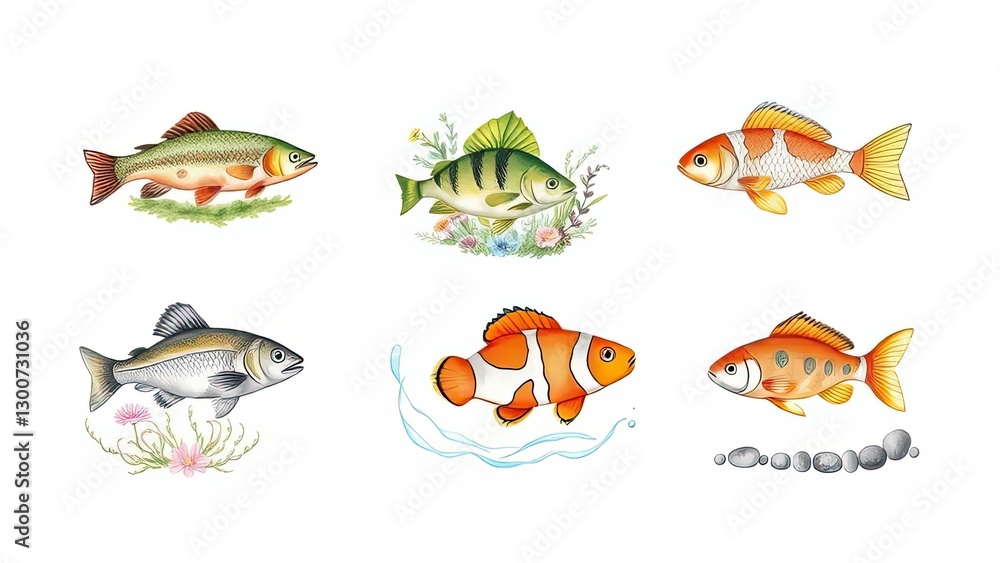 Naklejka premium Colorful Fish Illustrations Aquatic Life Marine Animals Underwater World