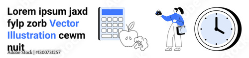Calculator, fruit, woman holding cupcake and planner, and clock emphasize balance of time and dietary choices. Ideal for wellness tips, time management, nutrition plans, education, productivity