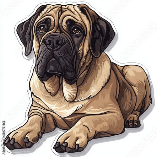 A majestic Bullmastiff dog, lying down, showcasing its powerful build and soulful gaze.  The detailed illustration captures the breed's unique characteristics in warm, earthy tones.