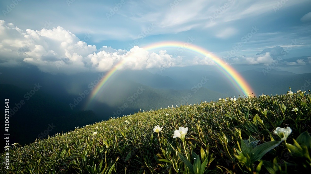 Naklejka premium Majestic Rainbow Over Mountain Meadow White Flowers Sky Nature