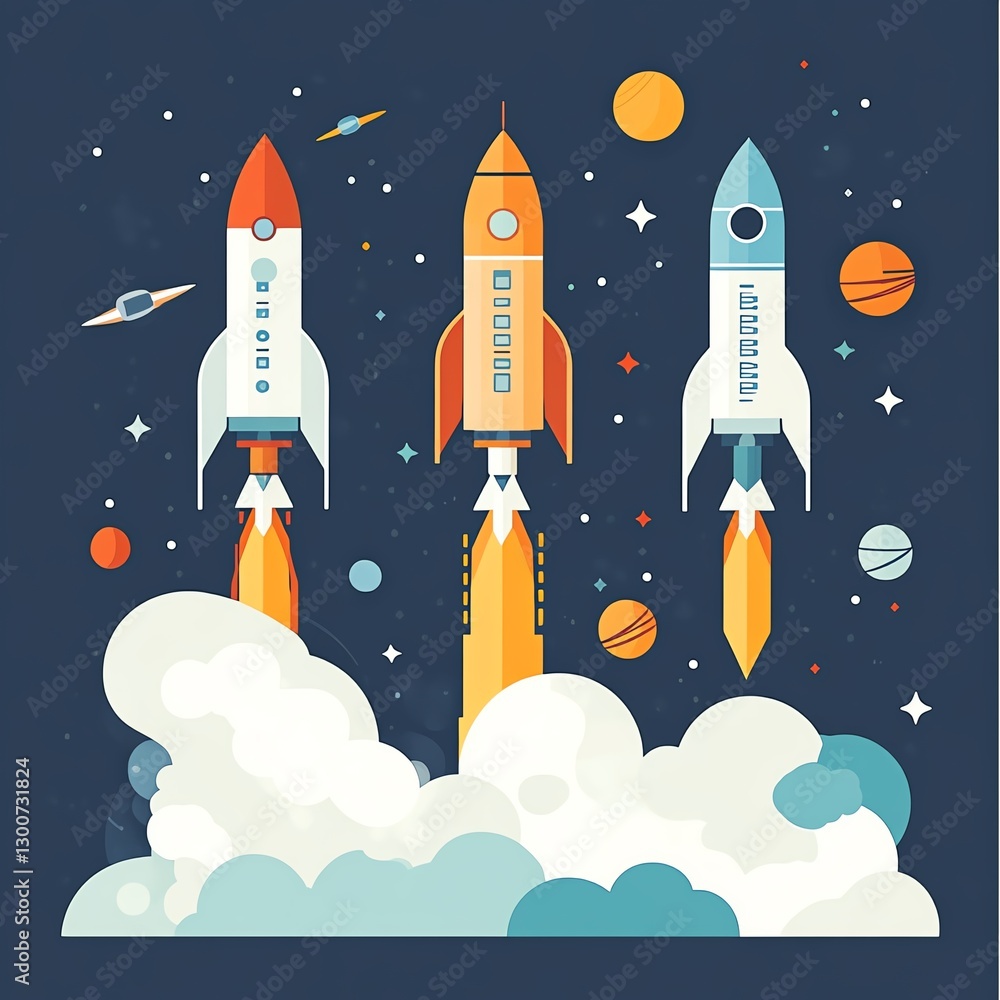 Obraz premium Three colorful rockets soaring through space, surrounded by planets and stars, symbolizing exploration and adventure.