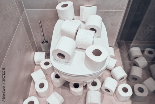 Overflowing Toilet with Scattered Paper Rolls