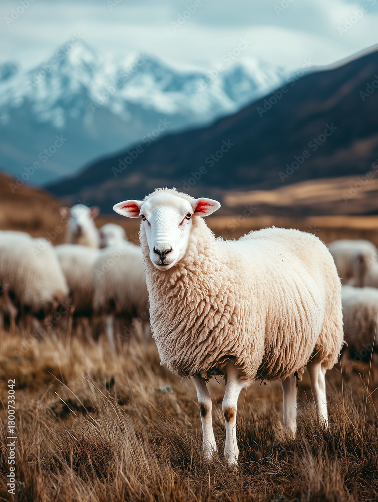 Naklejka premium Close-up of a wool sheep in a field. Behind her the rest of the flock.