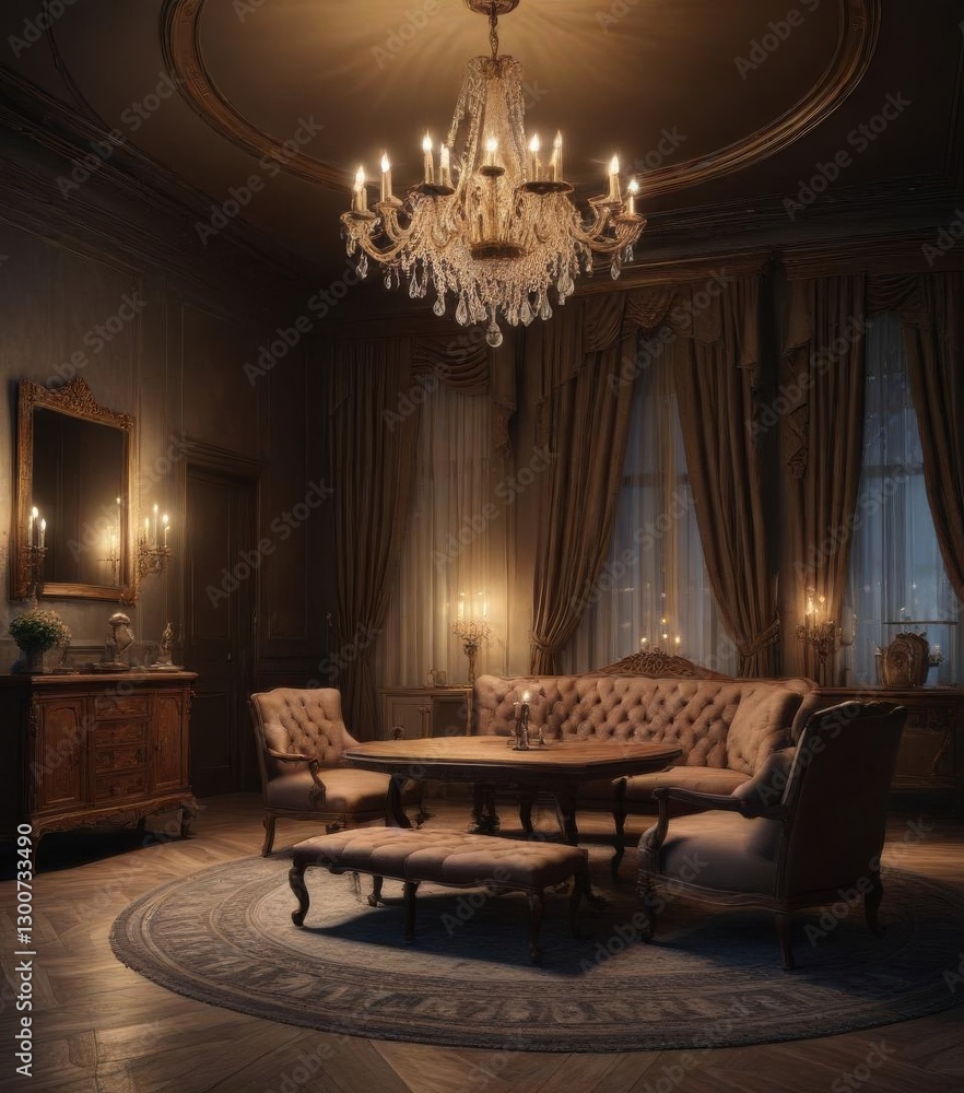 Fototapeta premium Elegant room with chandelier and dusty furniture at night, dusty furniture, vintage room